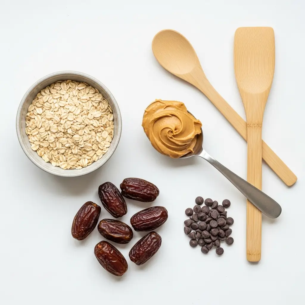 Ingredients for Oat Peanut Butter Date Balls laid out on a counter