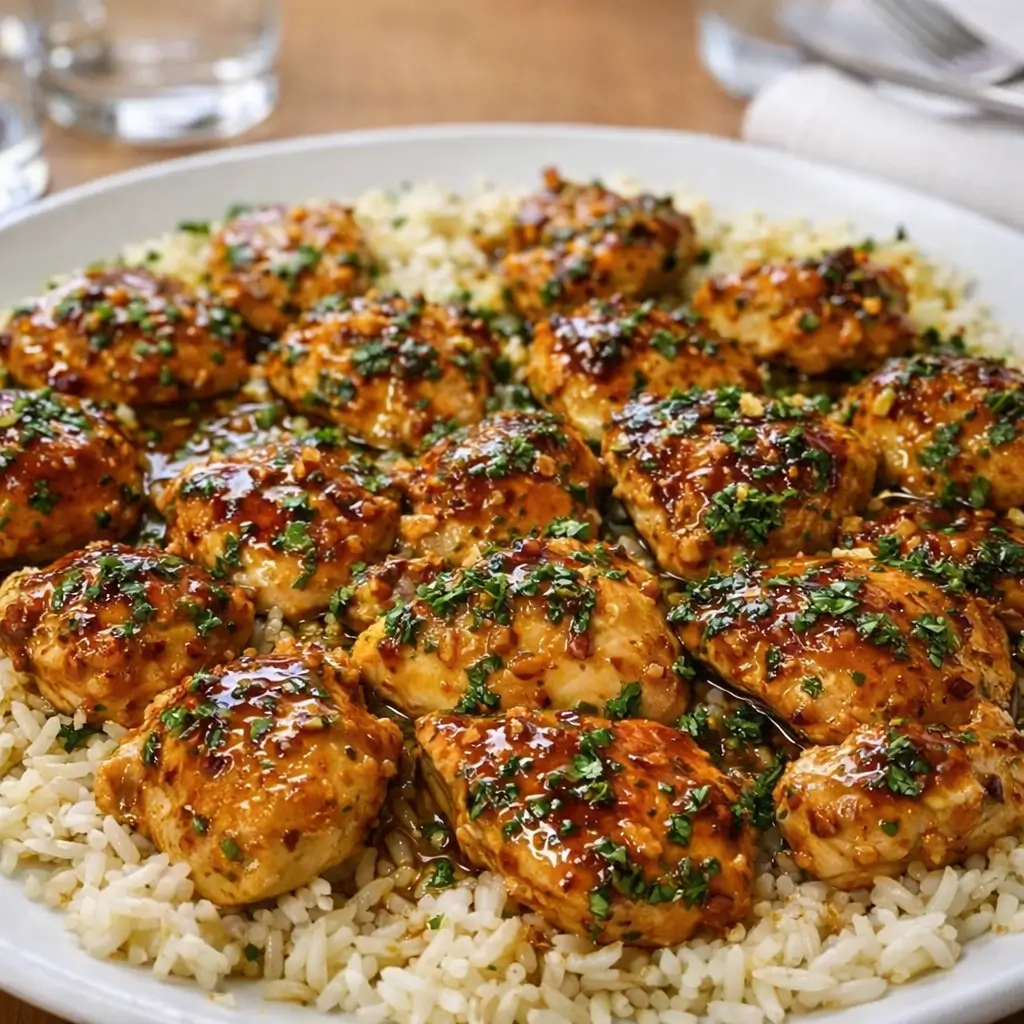One-Pan Honey Butter Garlic Chicken and Rice in a skillet