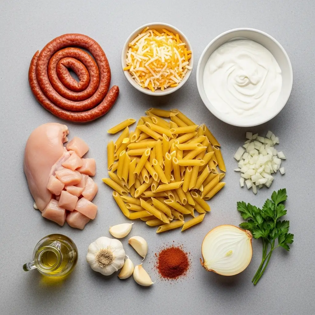 Ingredients for Creamy Pepper Jack Chicken and Sausage Pasta