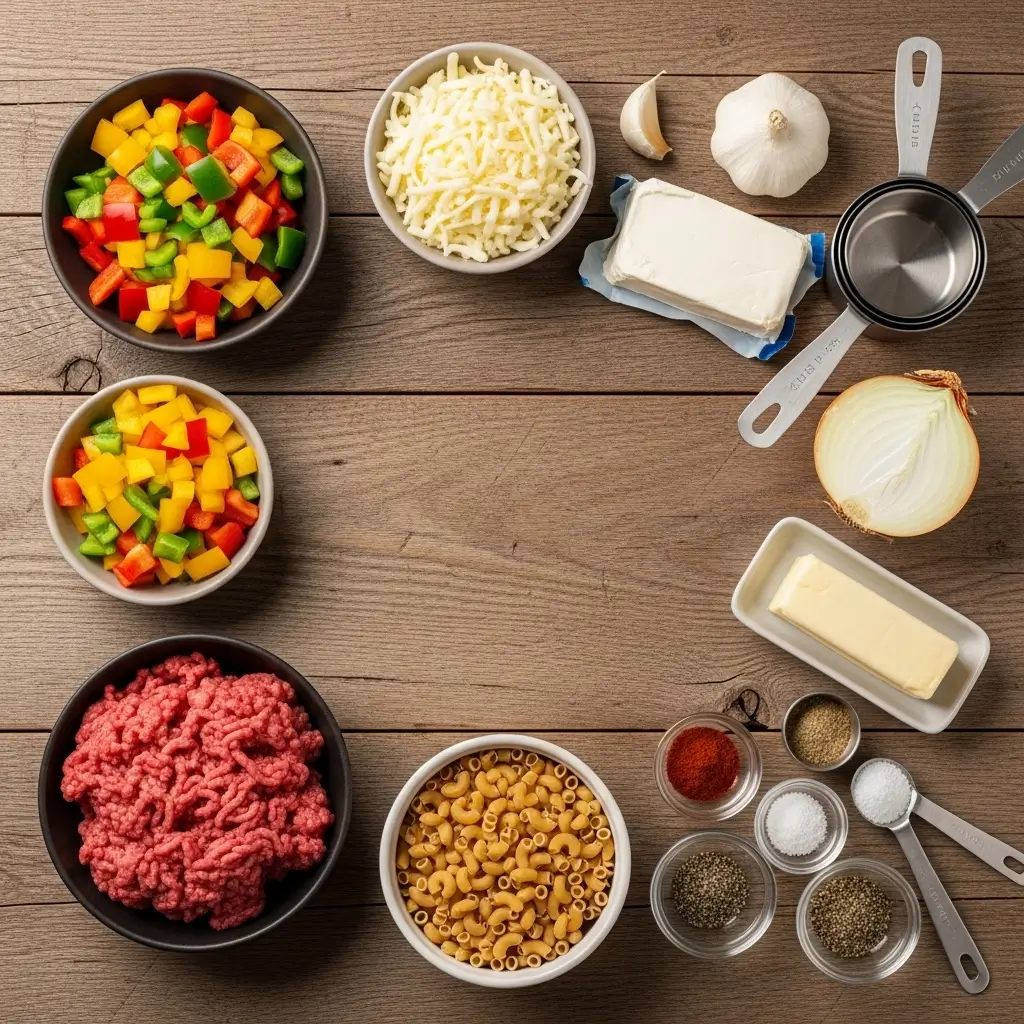 Ingredients for High-Protein Creamy Philly Cheesesteak Mac and Cheese