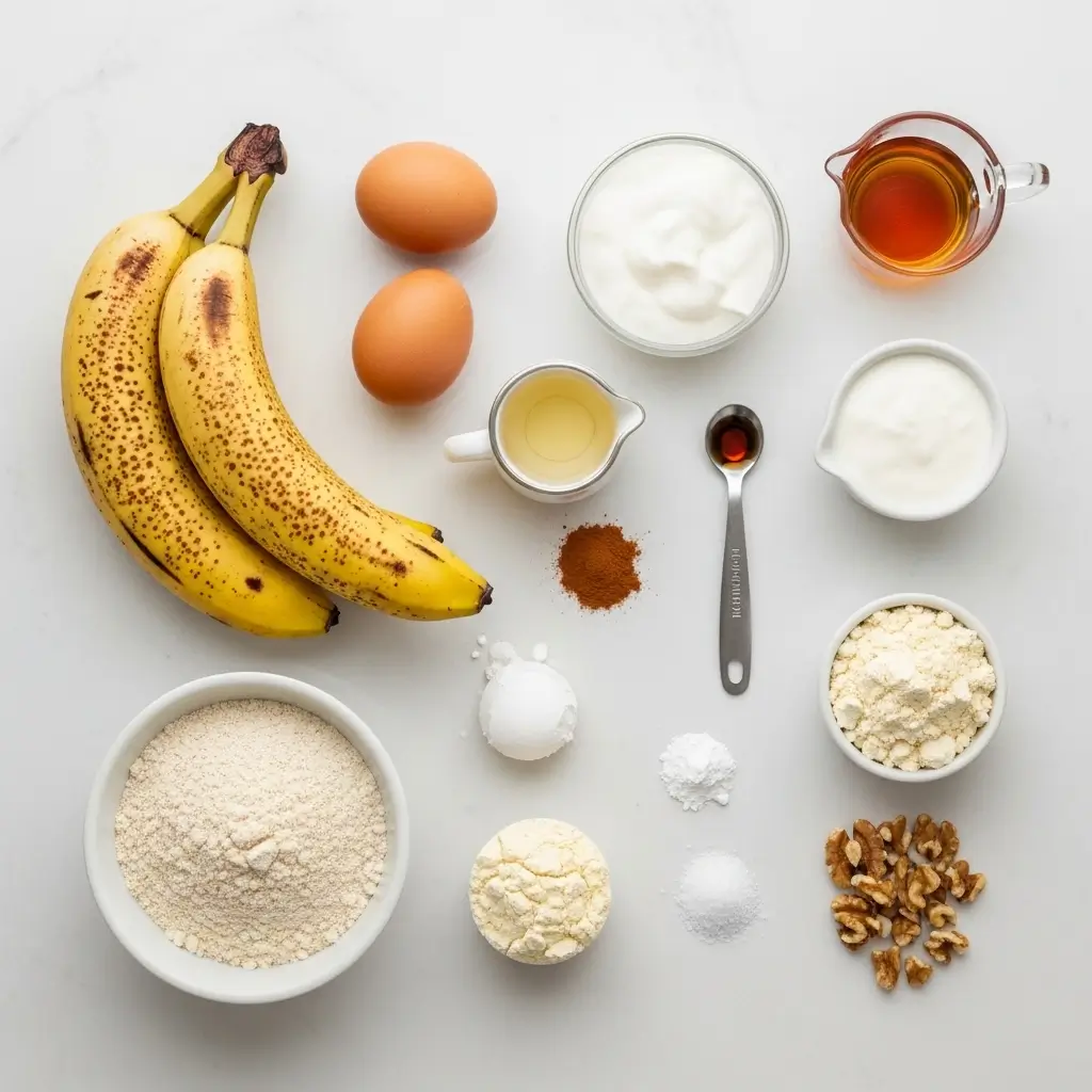 Ingredients for Protein Banana Bread on kitchen counter