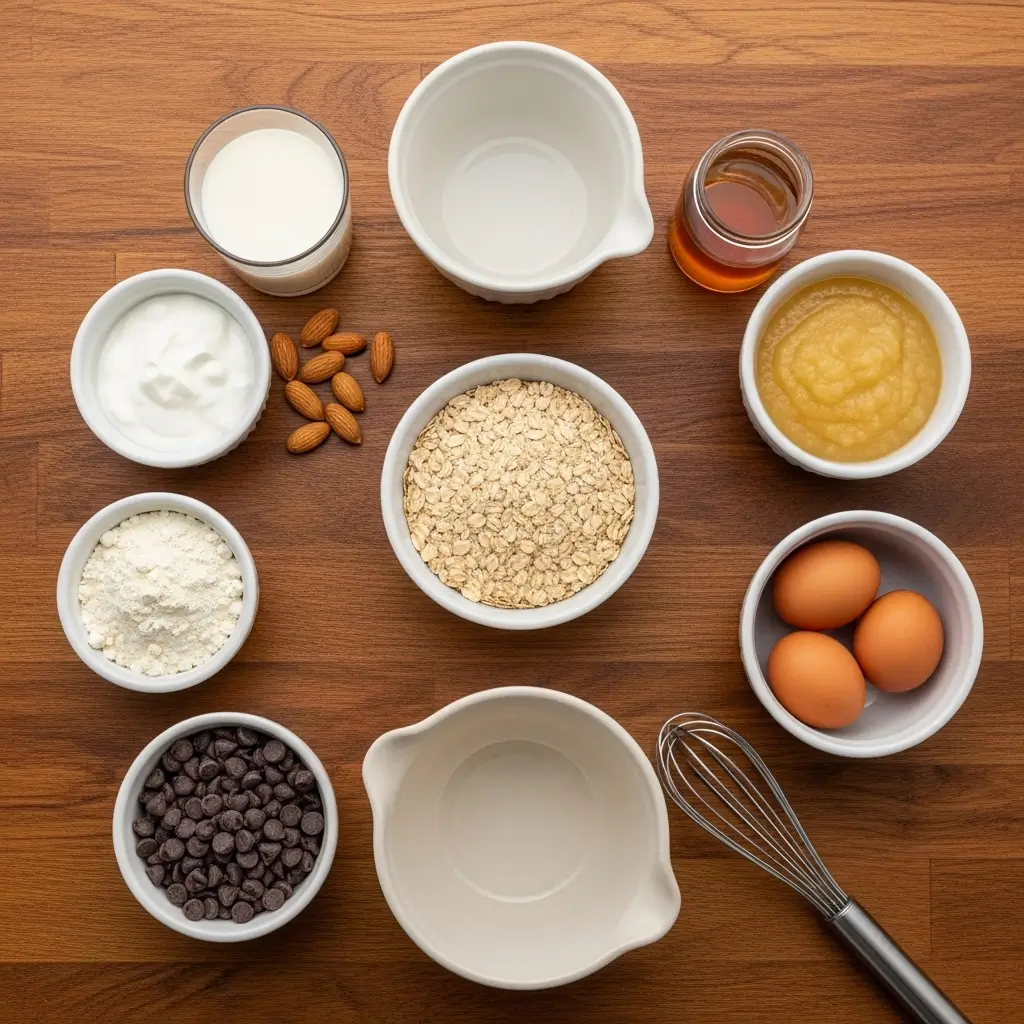 Ingredients for making protein muffins arranged on a wooden surface