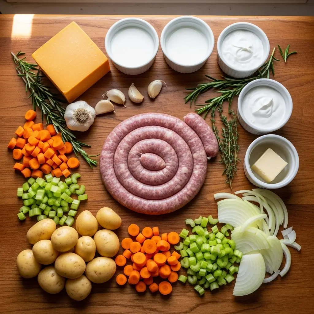 sausage potato soup ingredients flat lay
