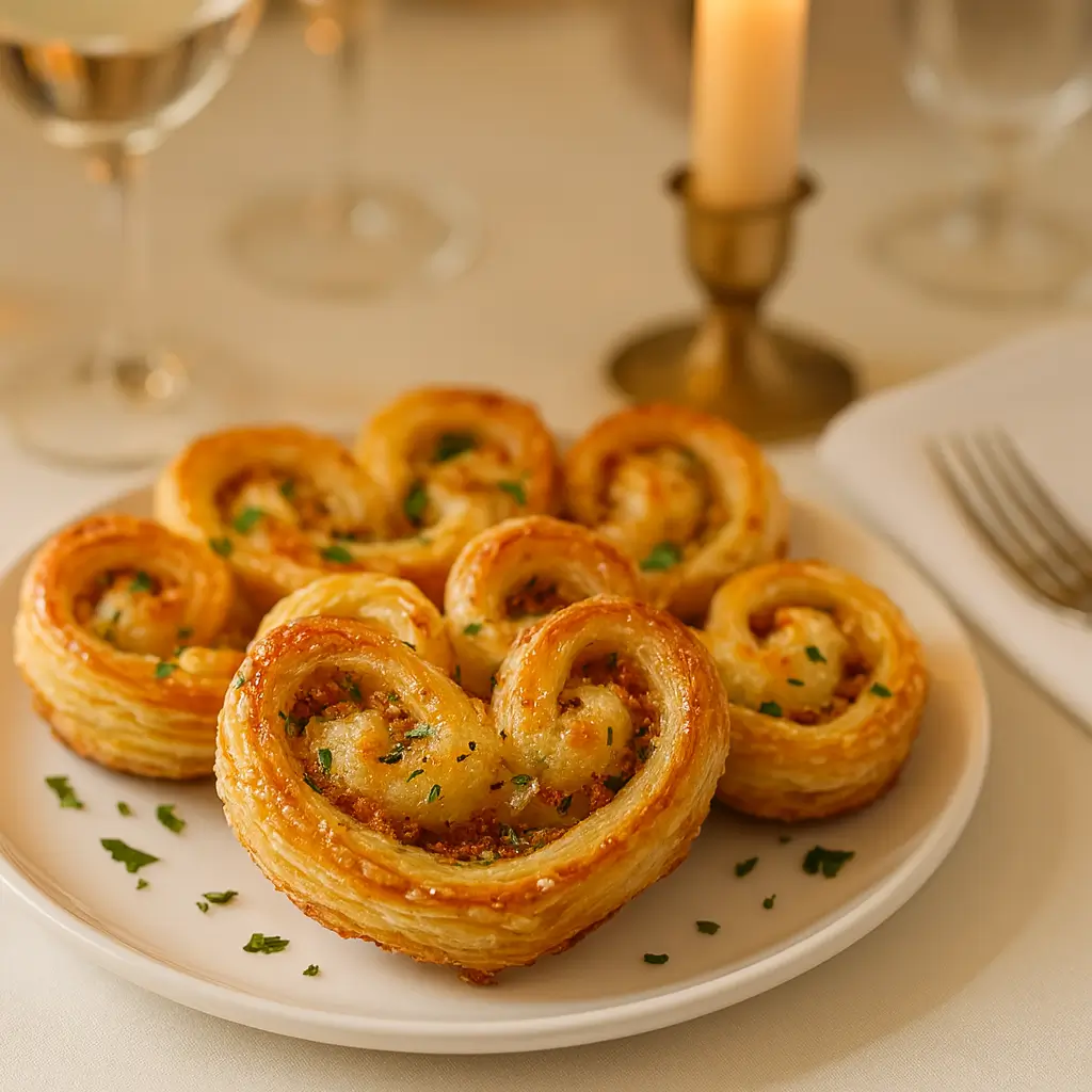 Savory Palmiers served on a rustic wooden platter
