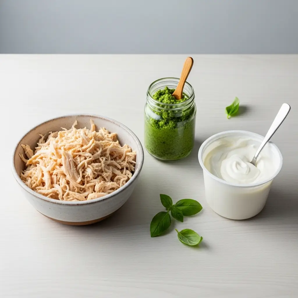 Ingredients for simple pesto chicken salad – chicken, pesto, and yogurt