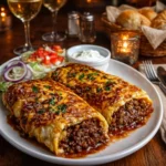 Smothered Cheesy Beef Burritos topped with cheese and sauce
