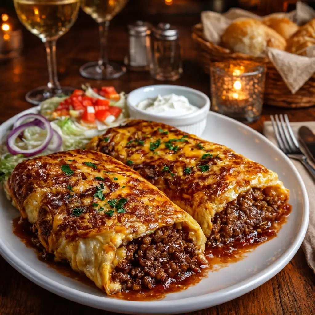 Smothered Cheesy Beef Burritos topped with cheese and sauce