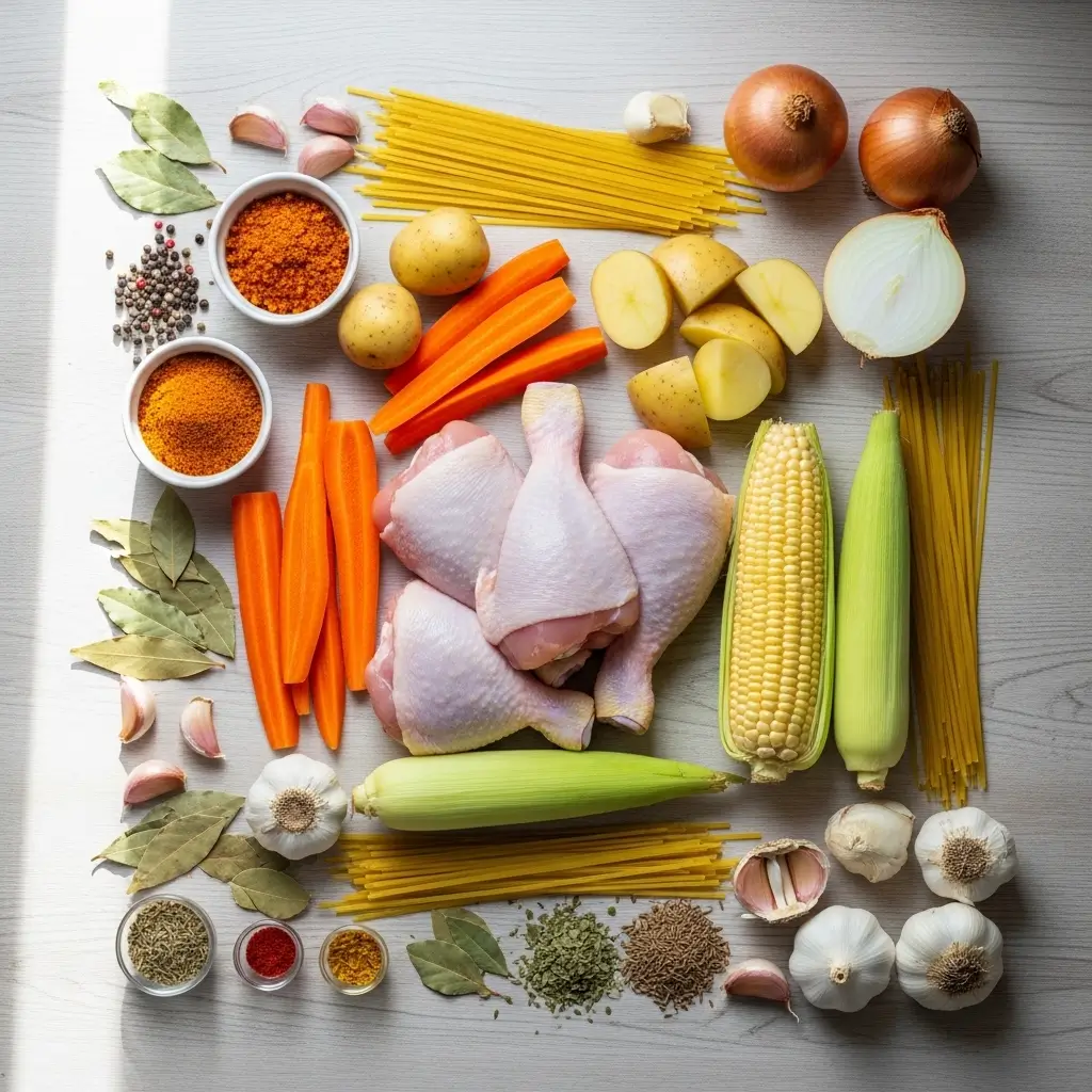 sopa de pollo ingredients on kitchen counter