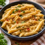 Spicy Rattlesnake Pasta in a bowl with creamy Cajun sauce