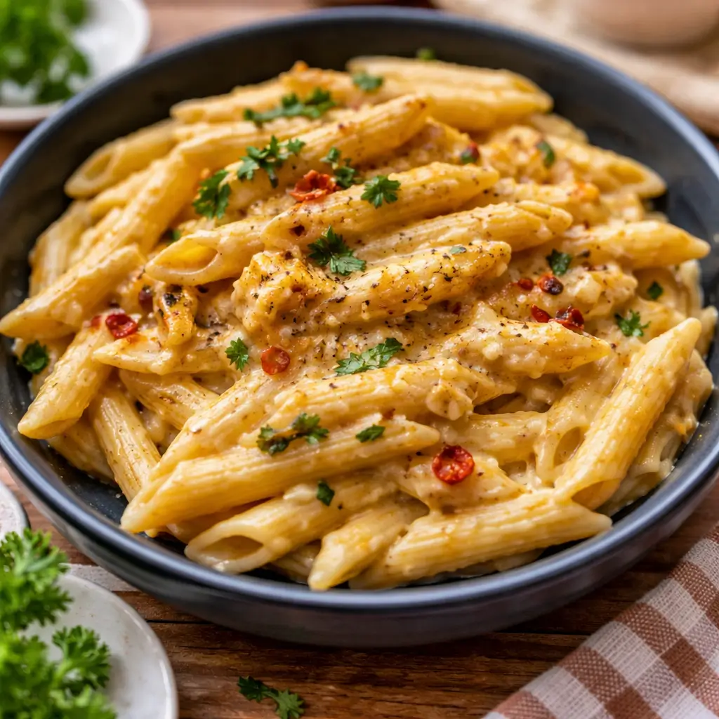 Spicy Rattlesnake Pasta in a bowl with creamy Cajun sauce