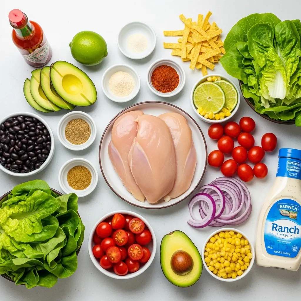 Ingredients for Spicy Southwest Chicken Salad laid out on table