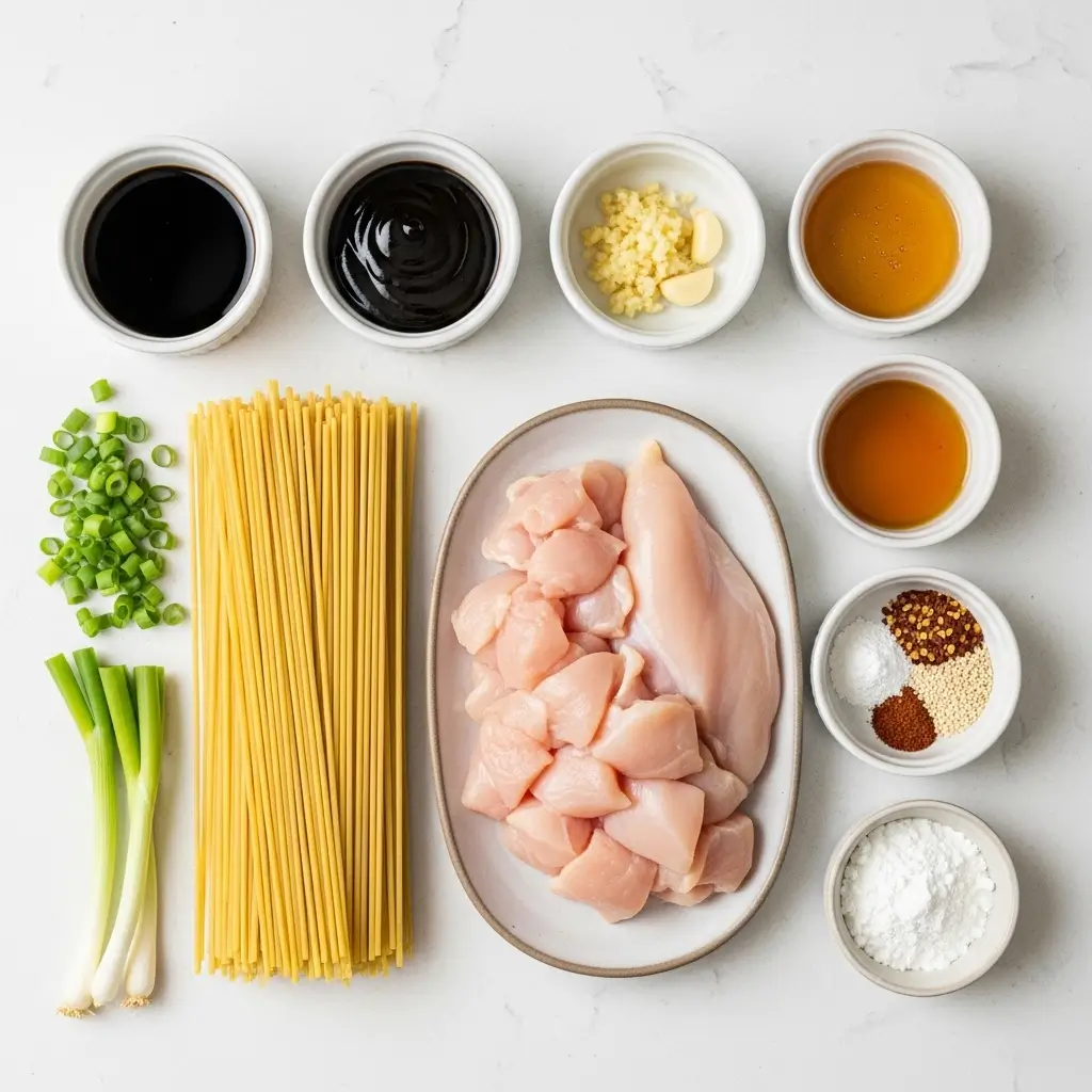 ingredients for sticky garlic chicken noodles recipe
