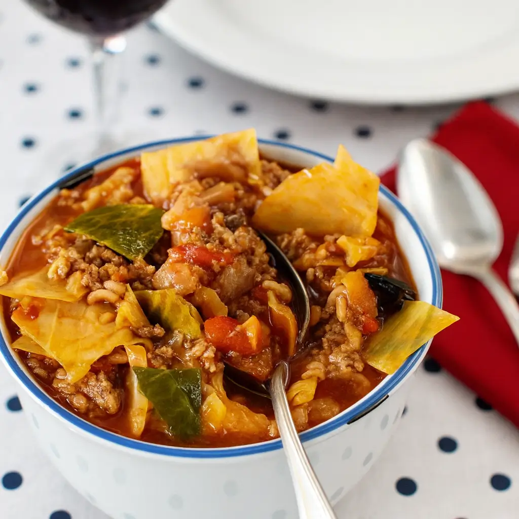 Stuffed Cabbage Soup in rustic bowl