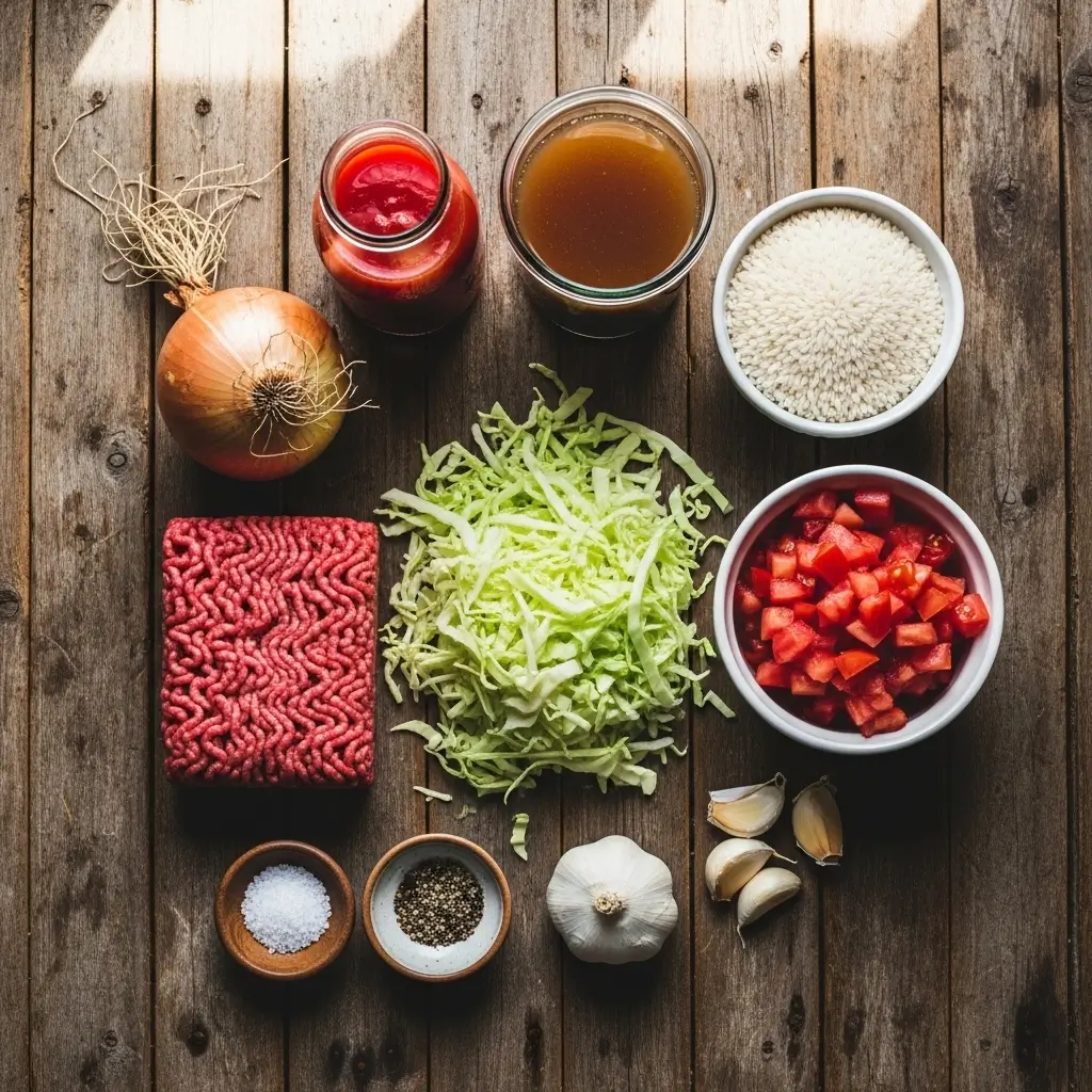 Stuffed cabbage soup ingredients on wooden table