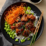 Teriyaki Chicken Dinner with rice, edamame, and carrots