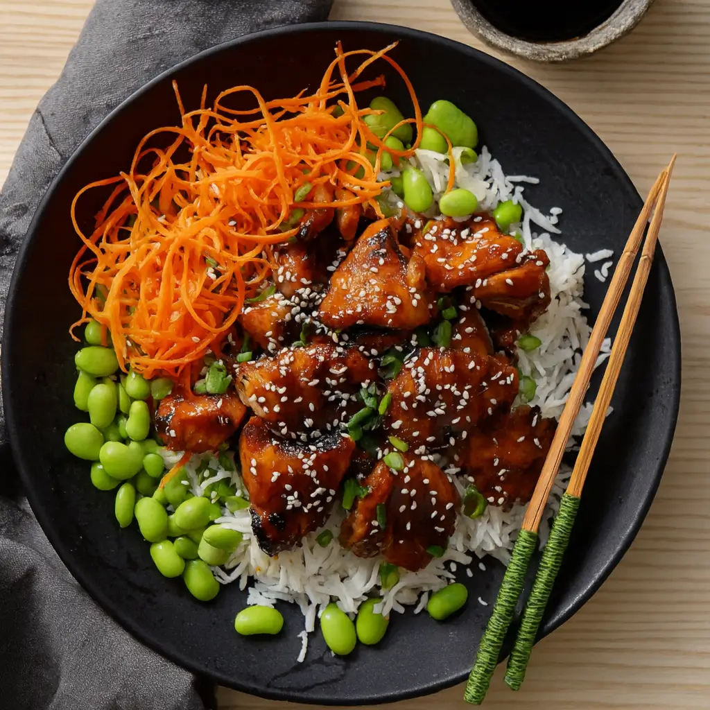 Teriyaki Chicken Dinner with rice, edamame, and carrots
