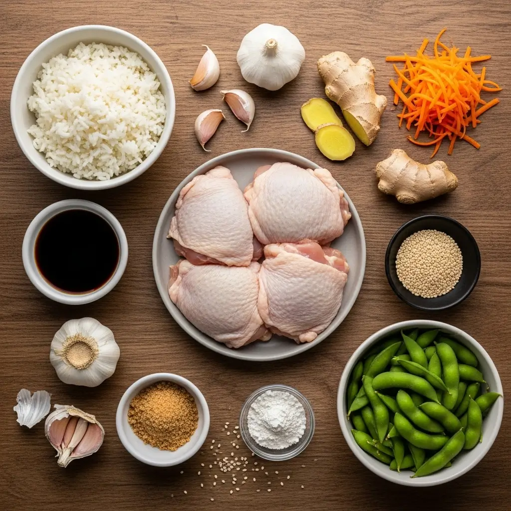 Ingredients for Teriyaki Chicken Dinner laid out on kitchen counter