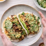 Teriyaki Chicken Tacos with creamy cucumber topping