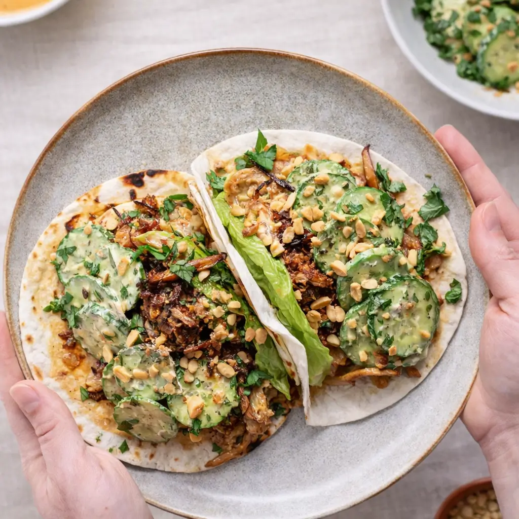 Teriyaki Chicken Tacos with creamy cucumber topping