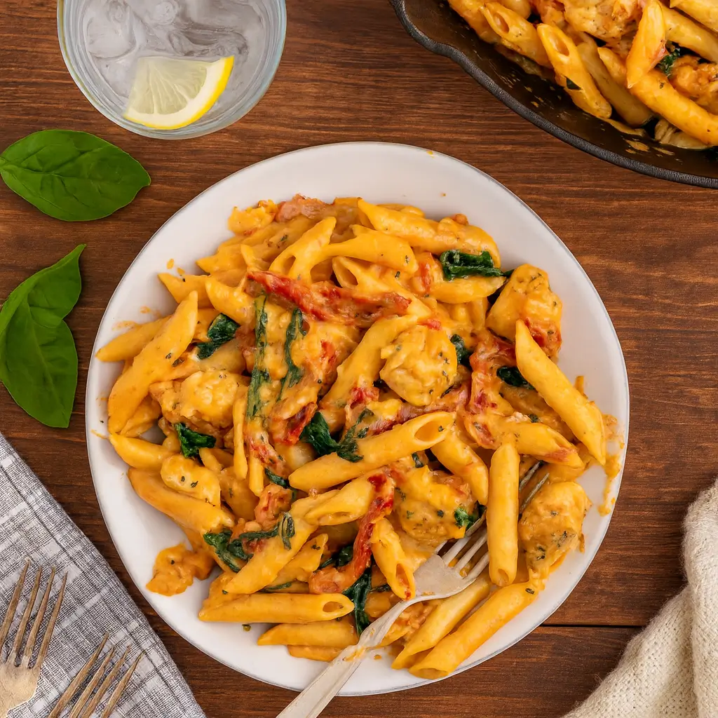 Tuscan Chicken Pasta on rustic plate