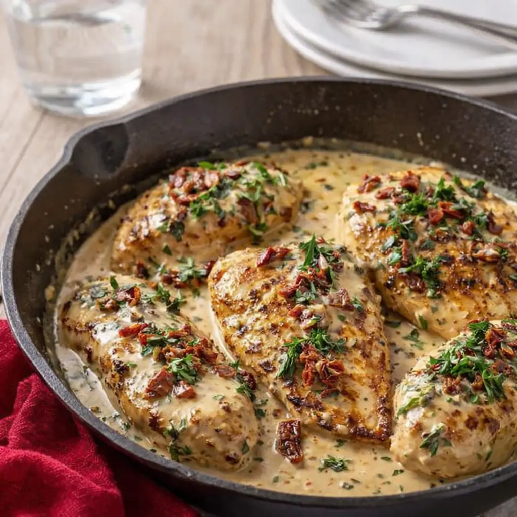 Ultimate Marry Me Chicken in skillet with creamy sauce