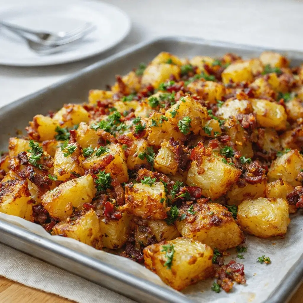 Bangin Breakfast Potatoes in skillet with bacon and maple