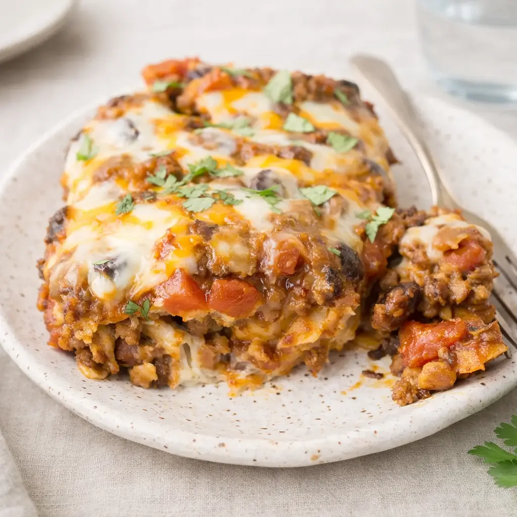 Beef Enchilada Casserole with Corn Tortillas baked in dish