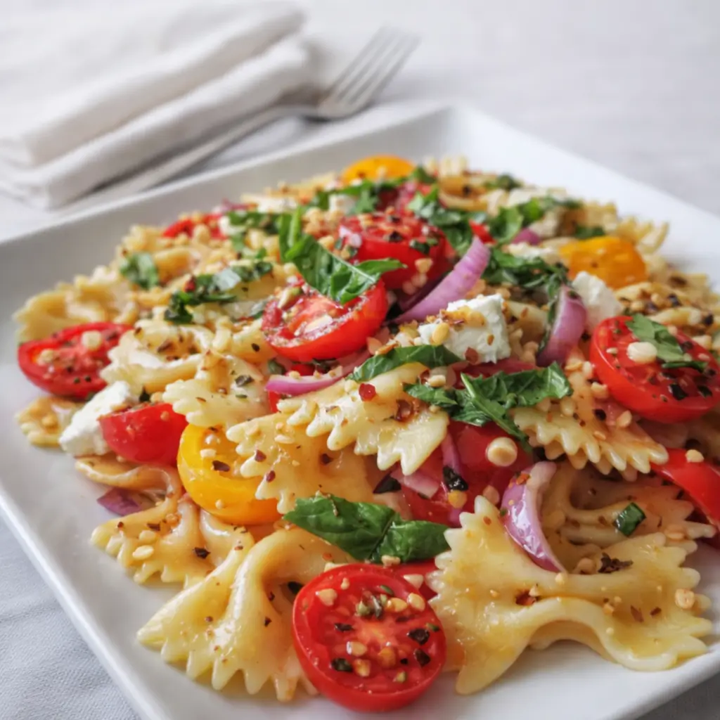 Bruschetta Pasta Salad with cherry tomatoes and basil