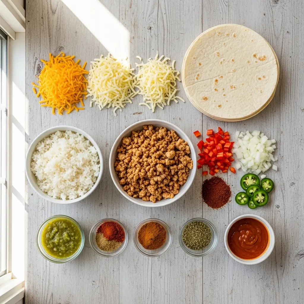 ingredients for cheesy ground chicken and rice burritos