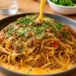 Cajun Beef Spaghetti in Creamy Three-Cheese Parmesan Sauce