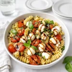 Caprese Pasta Salad with Balsamic Glaze on rustic table