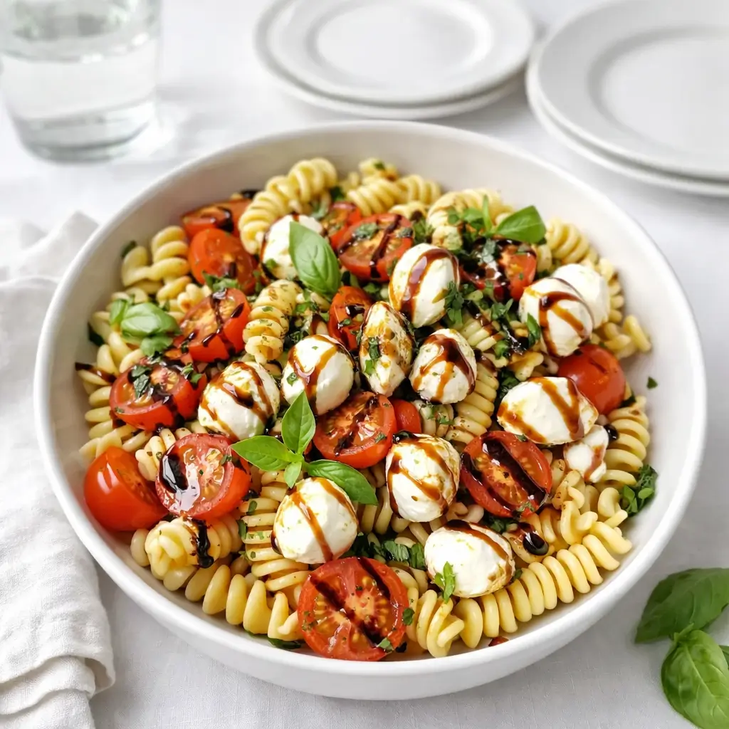 Caprese Pasta Salad with Balsamic Glaze on rustic table