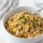 Cheesy Ground Beef and Rice Casserole baked golden brown