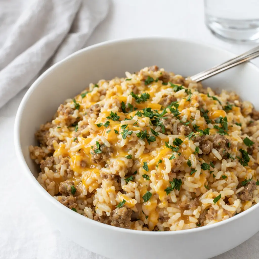 Cheesy Ground Beef and Rice Casserole baked golden brown