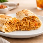 cheesy ground chicken and rice burritos on wooden board