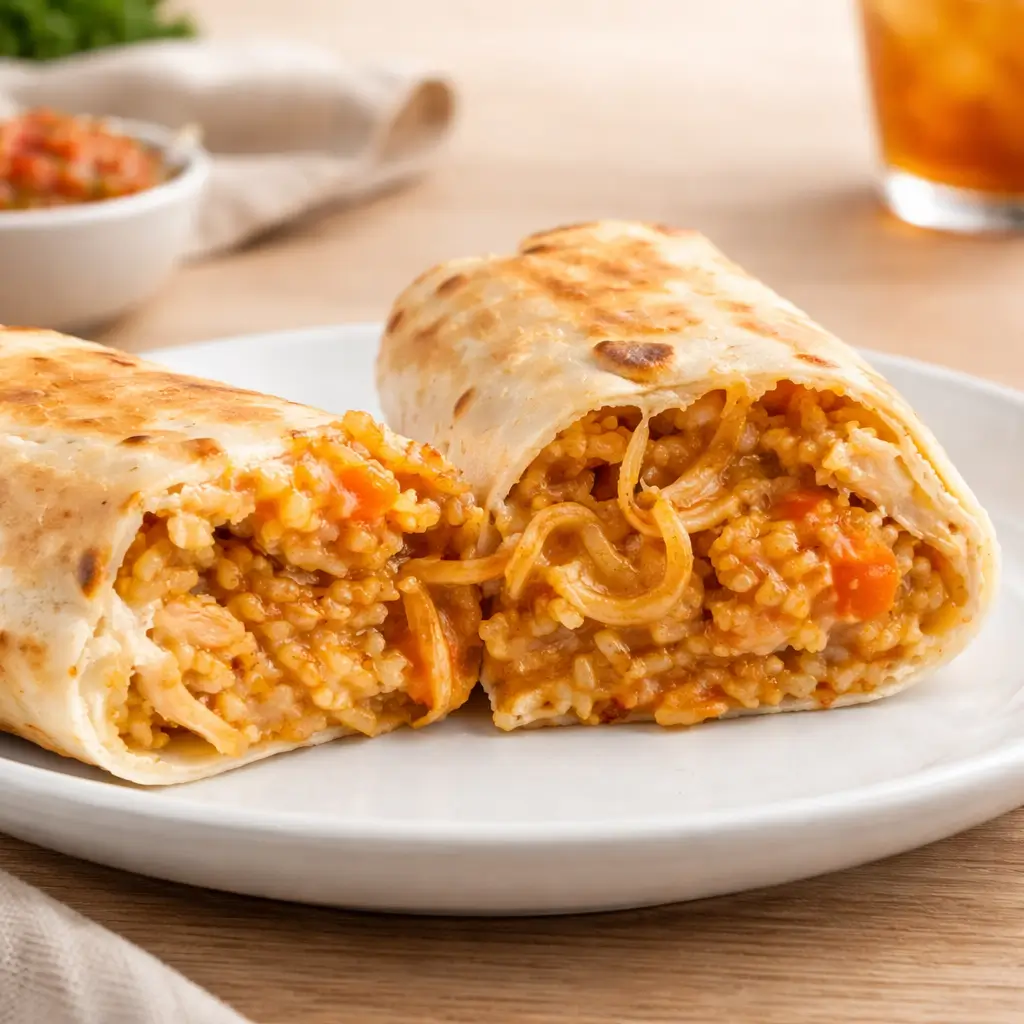 cheesy ground chicken and rice burritos on wooden board