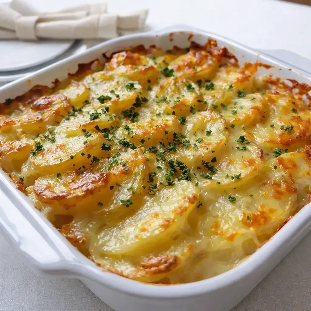 Cheesy Scalloped Potatoes baked golden and creamy