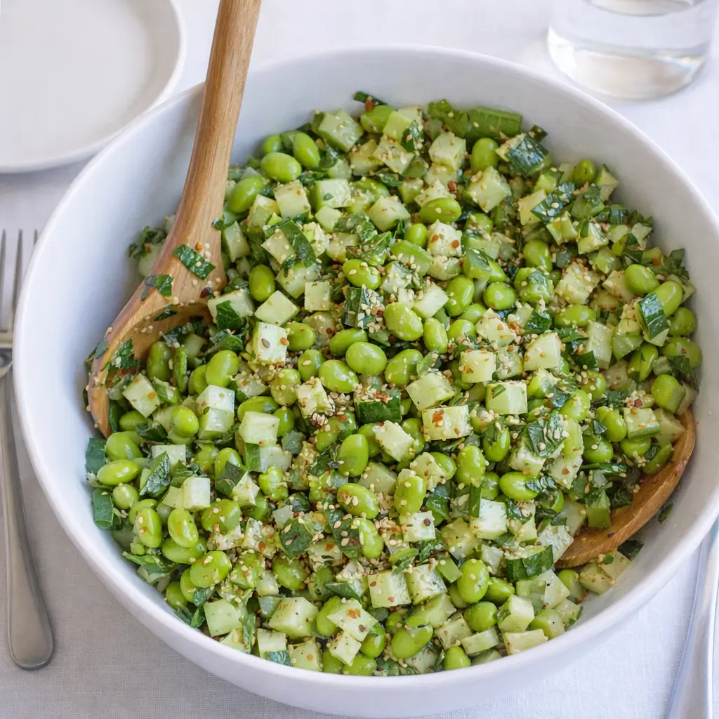 Fresh cucumber edamame salad with sesame dressing