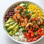 Easy Chipotle Lime Shrimp Bowl with avocado and salsa