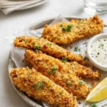Easy Crispy Oven Baked Chicken Tenders on tray with dipping sauces