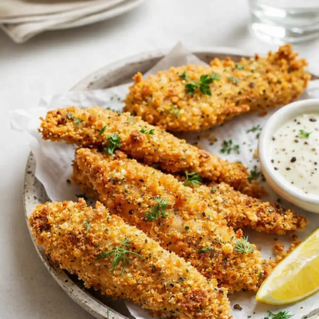 Easy Crispy Oven Baked Chicken Tenders on tray with dipping sauces