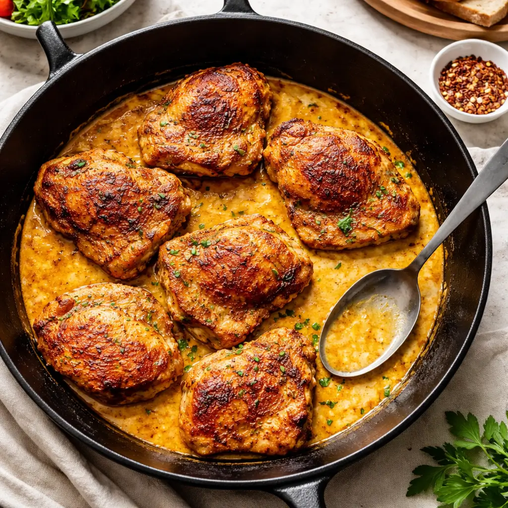 Easy Skillet Chicken Thighs in Creamy Garlic Sauce
