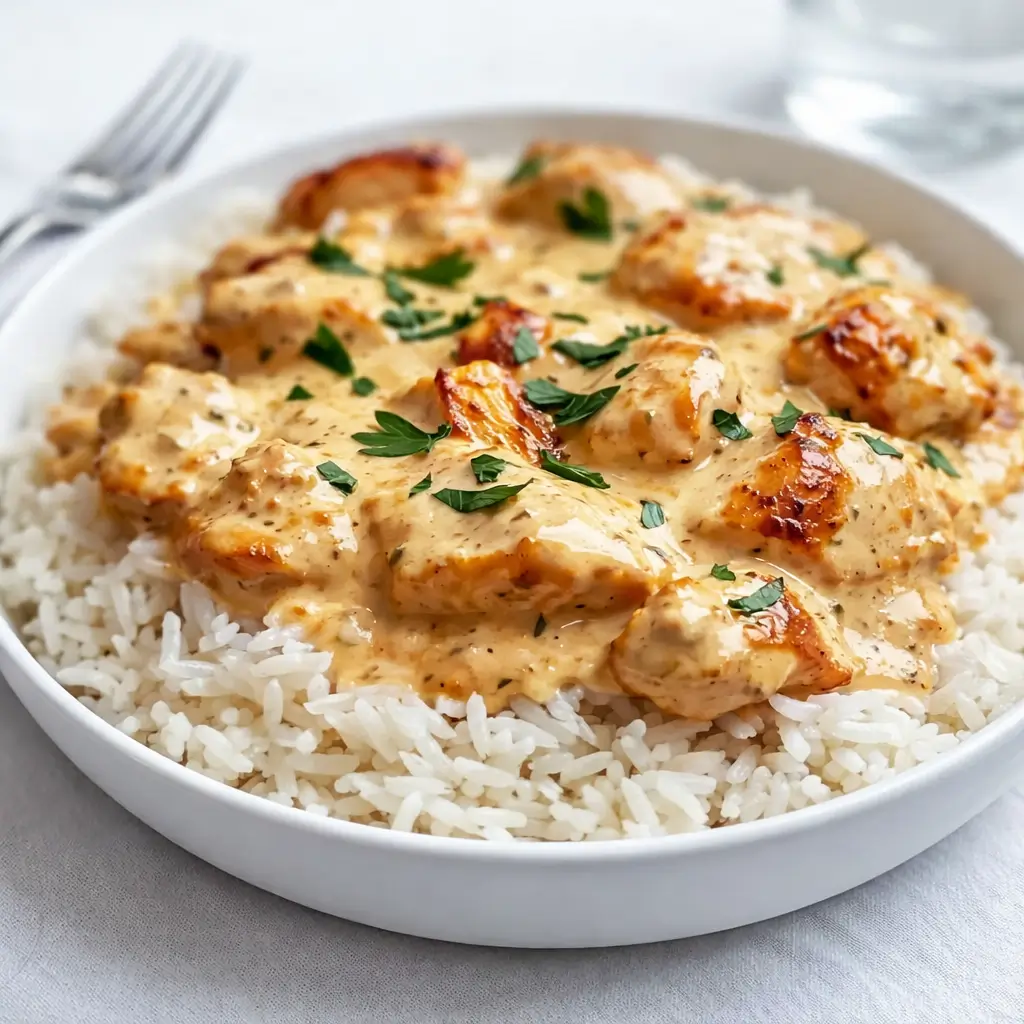 Easy Smothered Chicken and Rice dinner on rustic table
