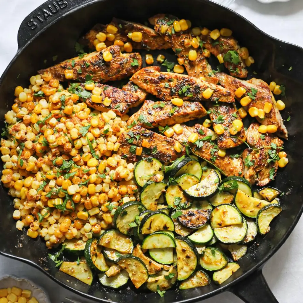 Garlic Butter Chicken with Zucchini and Corn skillet dinner