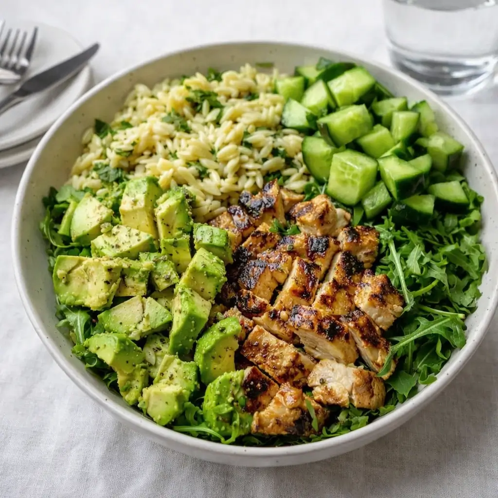 Grilled Chicken Orzo Salad with Feta and Avocado