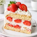 healthy strawberry shortcake cake slice with whipped cream