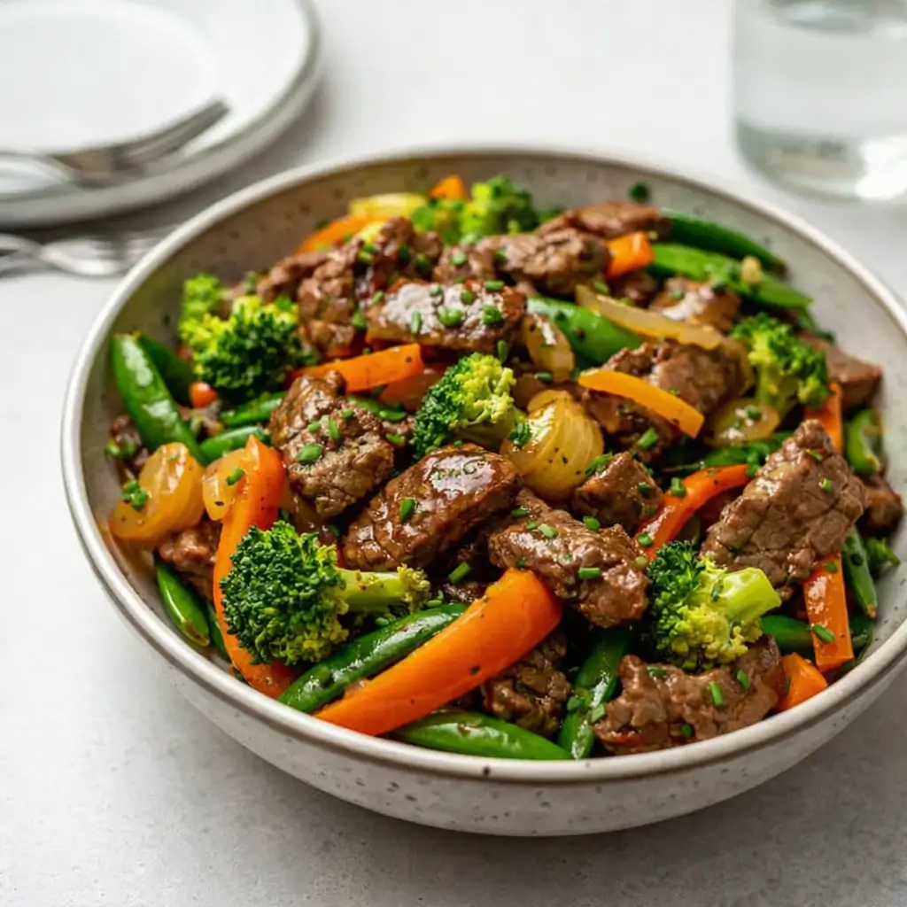 High-Protein Beef Stir Fry with Vegetables in wok