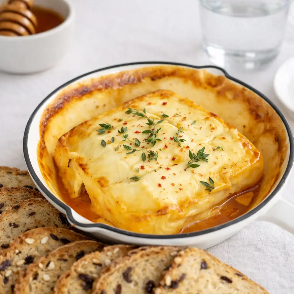 Hot Honey Baked Feta appetizer with thyme and honey