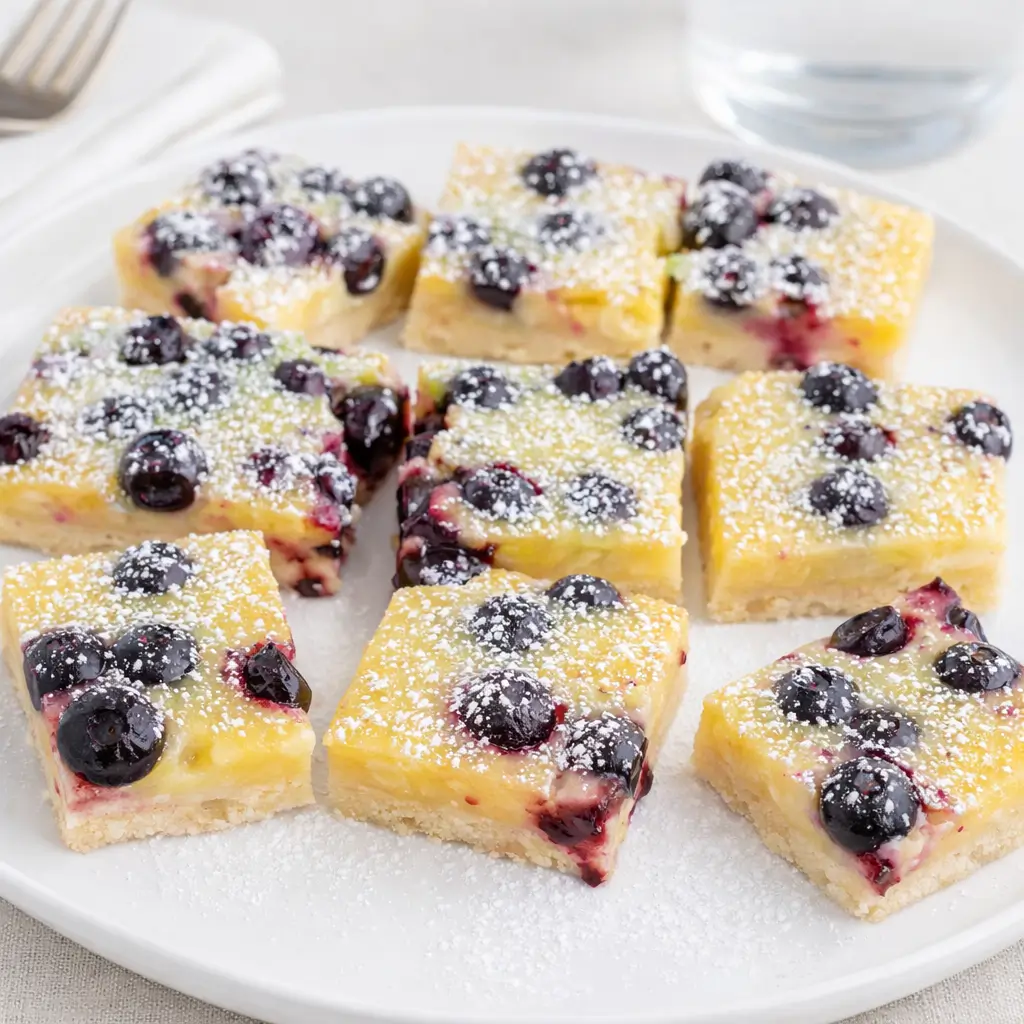Lemon Blueberry Bars with powdered sugar and fresh blueberries