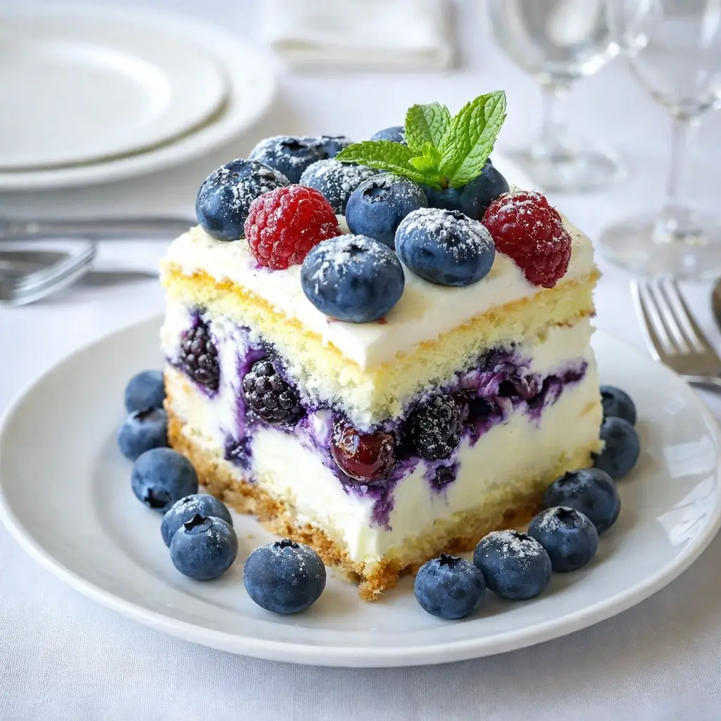 Lemon Blueberry Cheesecake Cake topped with blueberries and lemon zest